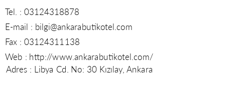 Ankara Butik Otel telefon numaralar, faks, e-mail, posta adresi ve iletiim bilgileri